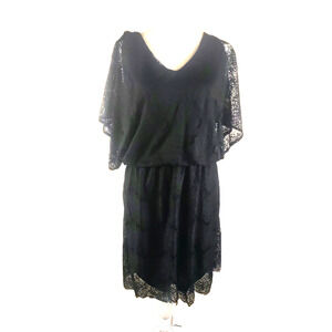 Alfani Women's Black Lace Dress Size Medium Lined V Neck Short Sleeve